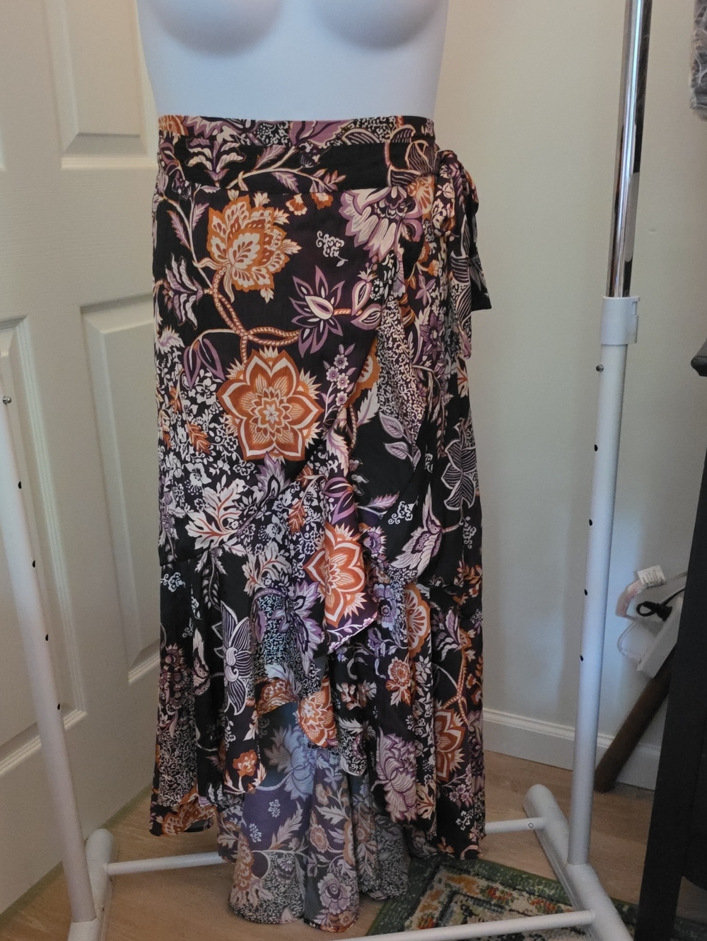 1X Maeve Purple, Gold, White Paisley Ruffle Hem Wrap High Low Skirt